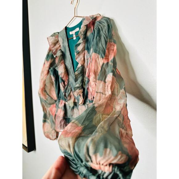 HUTCH Green Floral Chiffon Long Sleeves V-Neck Ruffle Trimmed Sema Top Size S - Picture 5 of 12